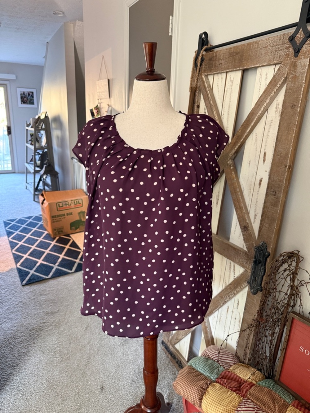 LC Lauren Conrad Plum Polka Dot Peasant Blouse